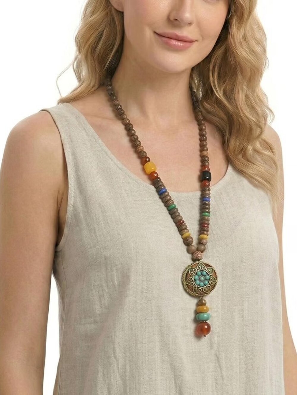 Boho Beaded Necklace Long Wood Beads Vintage Bohemian Statement